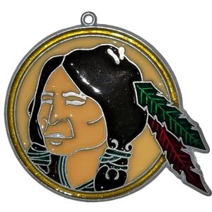 Vintage Handmade Stained Glass Native American Indian Brave Suncatcher Ornament